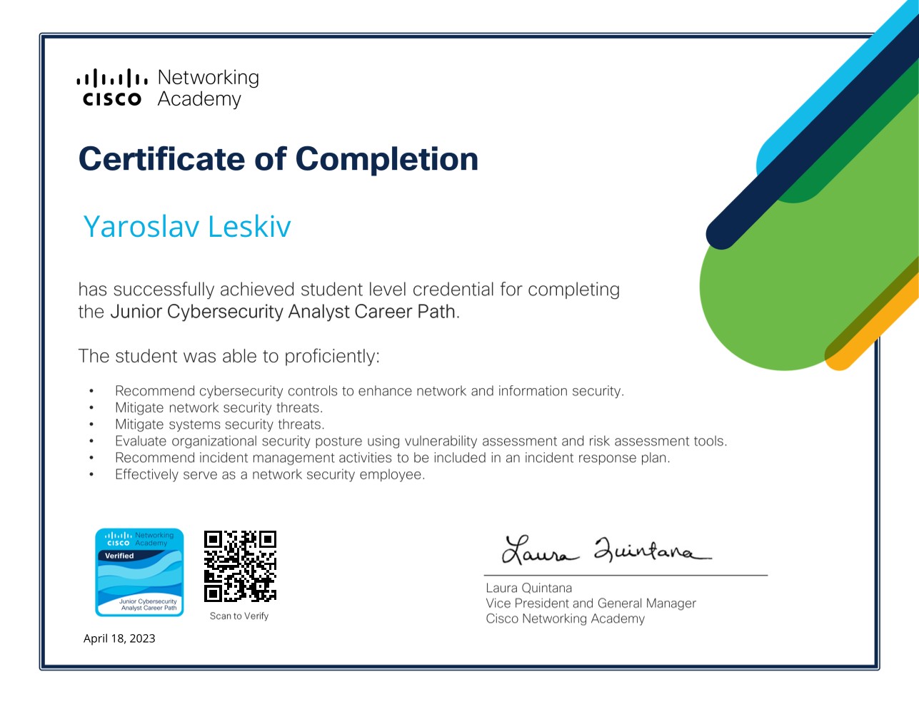 Cisco Junior Cybersecurity Analyst career path completion certificate